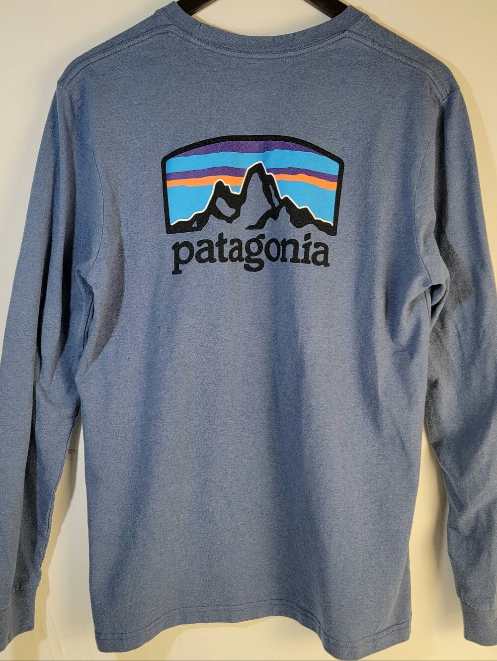 Patagonia Fitz Roy Horizons Back Logo Responsibili-Tee Long Sleeve Sz S Blue